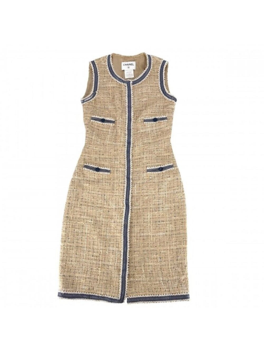 Chanel Dress Tweed Sleeveless CC Logo 36 Beige Navy Blue Spring Summer